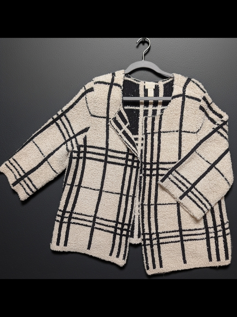 Chico's Cream and Black Plaid Open-Front Cardigan